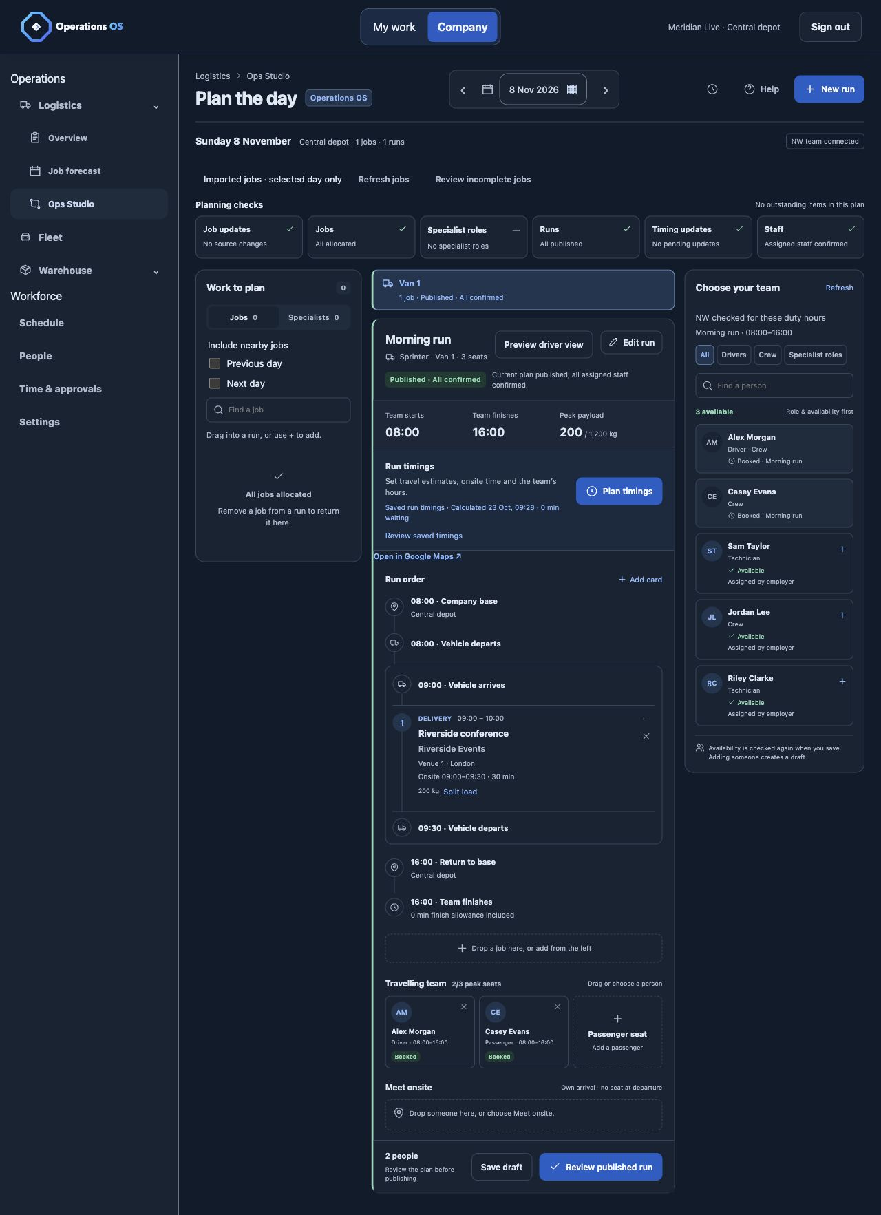 Operations OS Ops Studio with jobs, run planning, vehicle readiness and team allocation, using fictional Meridian Live data