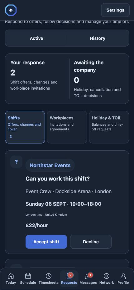 Operations OS Requests screen with a shift offer and Accept or Decline choices
