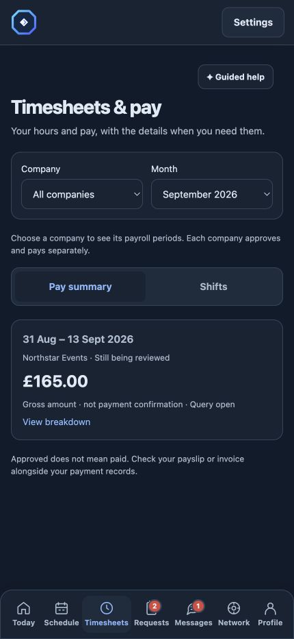 Operations OS Timesheets and pay screen showing approved hours, gross work amount and an open query